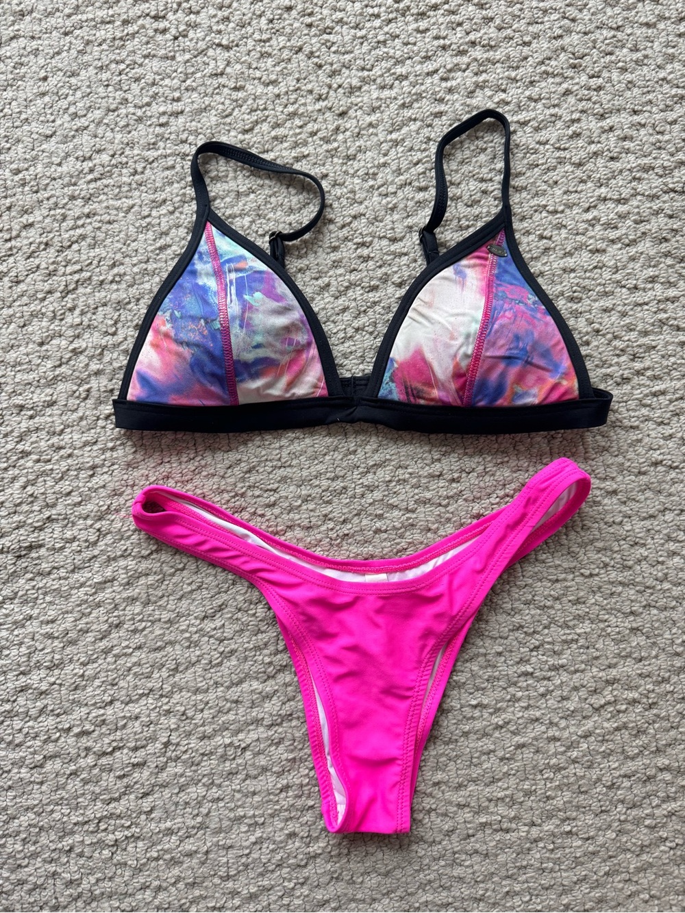 O’Neill multi color pink and purple bikini top and pink bottom